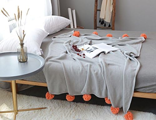 showlife Cute Pompoms Lightweight Throw 100% Cotton Knitted Throw Blanket Grey 130 cm x 160 cm (grey)