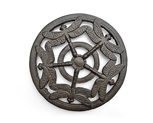 gasare, Trivet for Hot Dishes, Cast Iron Trivet, Dragonfly Round Design, for Decoration, Dining Table, Rubber Covers, 7 Â¾ Inches, Cast Iron, Brown, 1 Unit
