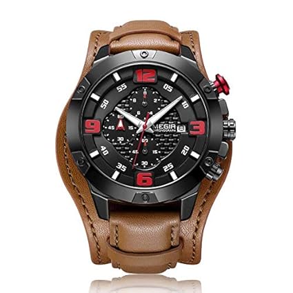 Megir Luxury Original Brand Military Sports Men Analog Digital Quartz Chronograph Leather Sport Watches ML2099 Brown