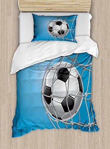 Ambesonne Soccer Duvet Cover Set, Goal Football in Net Entertainment Playing for Winning Active Lifestyle, Decorative 2 Piece Bedding Set with 1 Pillow Sham, Twin Size, Blue Pale Grey Black