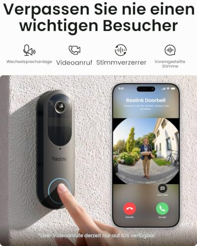 Reolink Battery Doorbell with Camera (2nd Gen), 2K 1:1 View, 2 Operating Modes | 1:1 head-foot view, wireless & wired, 2.4 & 5GHz Wi-Fi, local storage without monthly outlet, AI detection, rich notification
