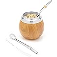 BALIBETOV Yerba Mate Kit - Includes One Yerba Mate Cup and Bombilla Set - Stainless Steel Double Wall Thermal Yerba Mate Gourd and Bombilla Set (Mate straw) - Easy to clean and maintain (Wood)
