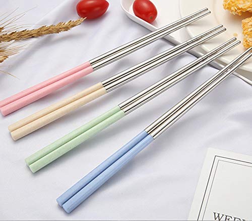 4 Pairs of Stainless Steel Wheat Straw Chopsticks Set,Environmental Reusable Heat Resistant Stainless Steel Wheat Straw Handle Traditional Chinese Chopsticks
