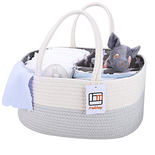 Mebbay Baby Diaper Caddy Organizer, Cotton Rope Storage Basket, Nursery Storage Bin for Changing Table and Car, Detachable Partition with Bottle Holder, Gray