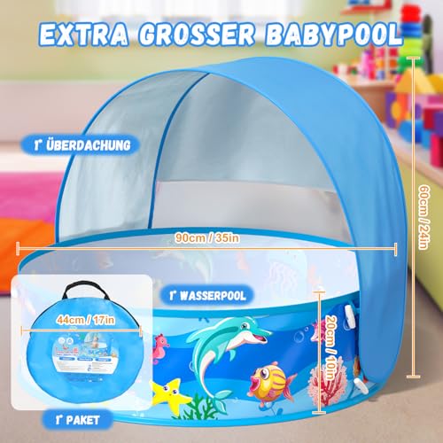 Baby Paddling Pool with Roof, Pop-Up Beach Shelter, Baby UV Protection 50+ with Storage Bag, 4-in-1 Portable Baby Pool with Sun Protection, Summer Must-Haves for Beach, Holiday, Camping and Picnic