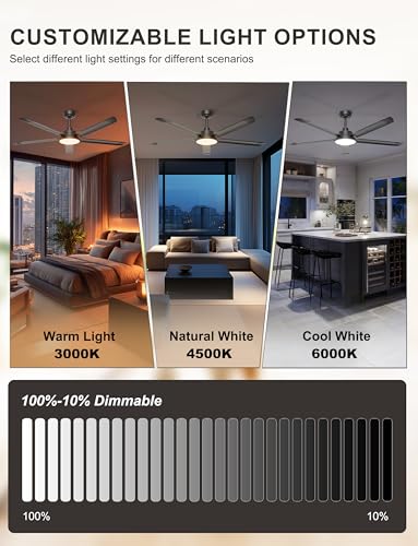 Ohniyou 60 Inch Ceiling Fan with Light, Industrial Ceiling Fans with Remote Control/App, 5 Blades Aluminium, Silent DC Motor, Outdoor Terrace Fan Garage, Black