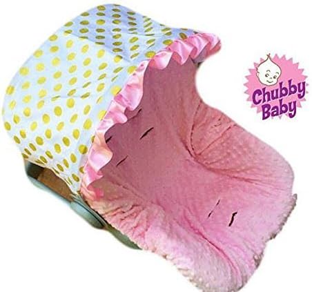 Baby Car seat Cover, Canopy in gold polkadots Seat in baby pink minky. FREE strap covers included
