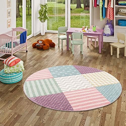 Pergamon Maui Kids - Children and Youth Carpet - Stars - Pastel Colored Check - Round - 3 Sizes