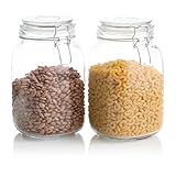 Klikel Square Glass Kitchen Storage Canister Jars - Crystal Clear Food Storage Jars with Clear Lid and Bail & Trigger Hermetic Seal - 48oz, (Set of 2)