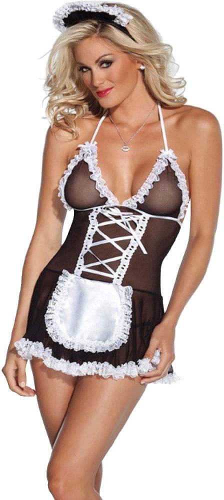 Shangrui French Maid Costume Uniform, Maid Outfit Transparent Lace Costume Lovely Service Maiden Apron & Skirt