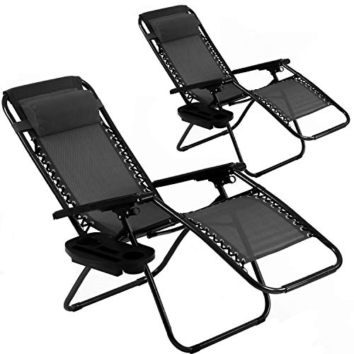BMS Zero Patio Set of 2 Folding Outdoor Anti Gravity Lounge Reclining Camping Deck Chair with Pillow and Cup Holder （Black） - Thumbnail 7