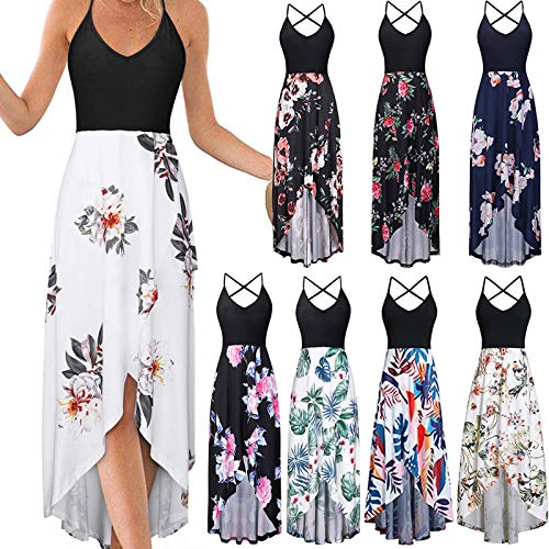 Women\'s Casual Sleeveless Dresses Summer V Neck Maxi Dress Criss Cross Backless Cami Dress Asymmetrical Floral Sundress