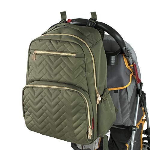 Fisher Price Diaper Bag Backpack - Signature Collection, with Cell Phone and Tablet Pockets and Stroller Clips (Olive)