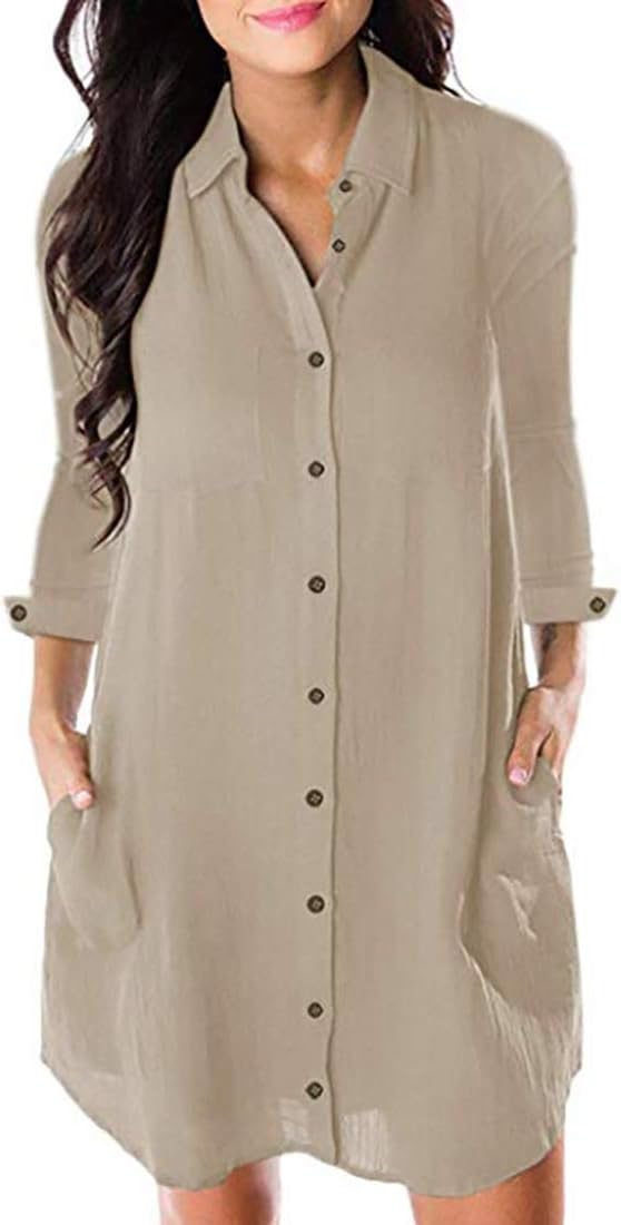 Honwenle Women V Neck Turn Down Collar Long Sleeve Button Down Pocket Casual Shirt Midi Dress Apricot