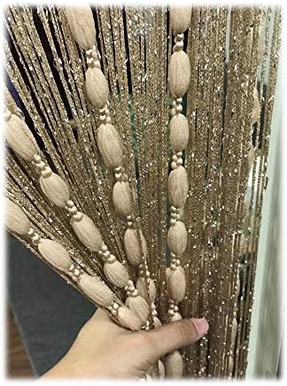 Eyotool Door String Curtain Flat Silver Ribbon Thread with Shaggy Tassel Room Divider, 39’’x79’’ (Champagne)