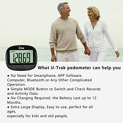U-Trak Simple Pedometer with Clip Step Counter Tracking Accurate Steps/Walking Distance in Miles/KM/Calories Large LCD Display Portable Fitness Tracker for Walking Running Outdoor Sports Black - Thumbnail 5