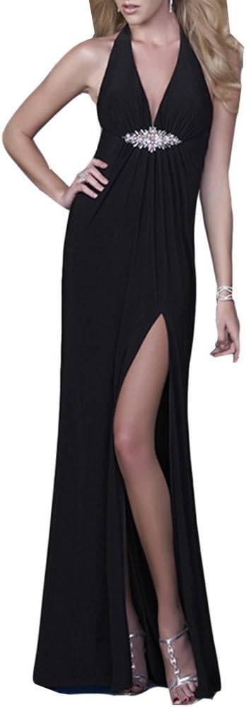 Emmani Women's Sheath Halter Deep V-neck Side Split Backless Party Dresses Black 28w