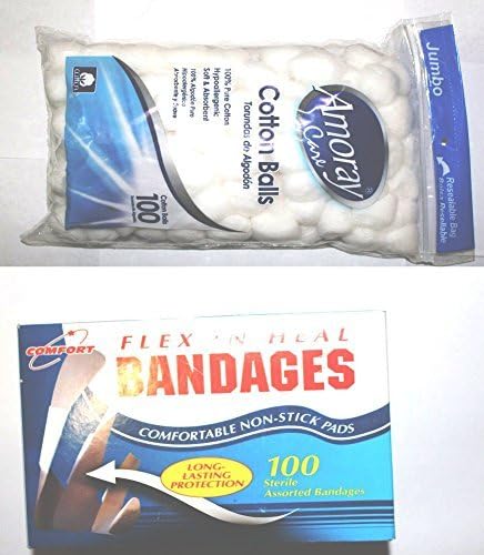 Amoray Cotton Balls 100% Hypoallergenic Soft and Absorbent + 100 Pack Assorted Bandages First Aid Kit