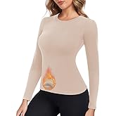 Thermal Underwear Tops for Women Long Sleeve Crewneck Shirts - Fleece Lined Soft Stretch Fitted Baselayer for Winter