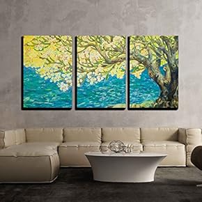 Watercolor Paint of Nature Landscape and Yellow Tree x3 Panels