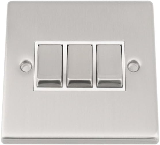 Light Switch Triple 3 Gang - Satin Matt Chrome Square - White Insert - Metal Rocker Switch - 10 Amp 3 Gang 2 Way