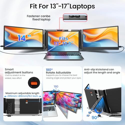 Laptop Screen Extension, 14 Inch 1080P Triple Portable Laptop Monitor Extender for 13 to 16.1 Inch Laptops with Stand, 2 Monitors and Integrated Speakers, for MacOS/Windows/Chrome/Dex