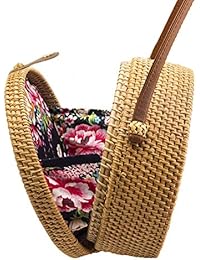 Handwoven Round Rattan Bag Shoulder Leather Straps Natural Chic Hand Gyryp