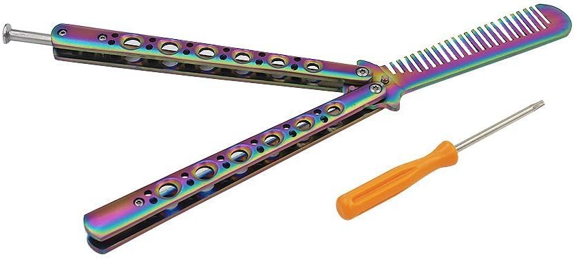 Butterfly Training Knife Comb,Somuns Stainless Steel Rainbow Blunt Practice Dull Pocket Knives Trainer Tool