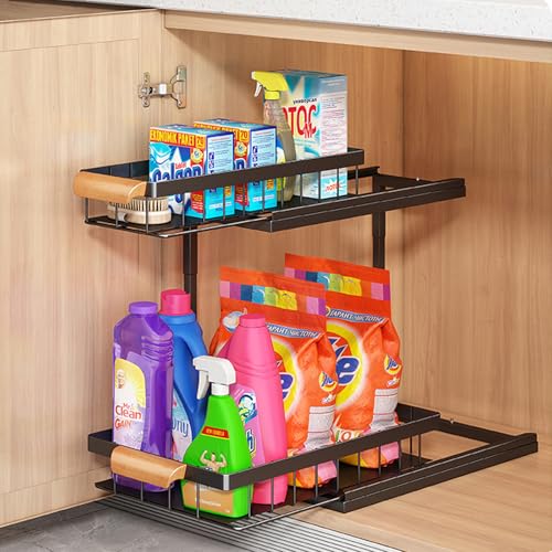 Keqin 2 Tier Under Sink Organizer,Pull Out Cabinet Shelves, Slide out Pull out Cabinet Organizer Shelf,Multi-Purpose Storage for Kitchen and Bathroom 36.5 * 27 * 37cm