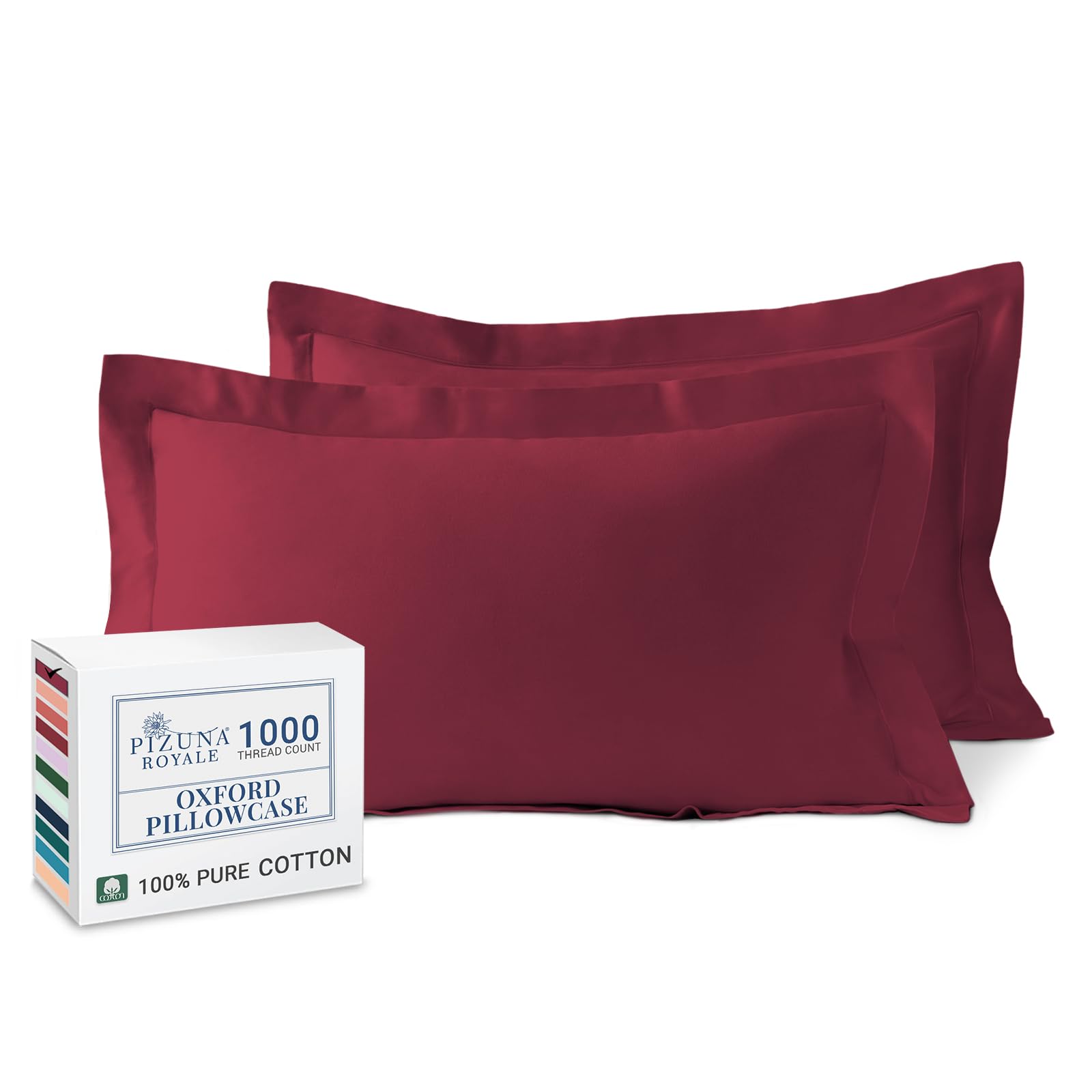 Pizuna Luxurious Cotton King Size Oxford Pillowcases 2 Pack Rio Red 50x90cm, 1000 Thread Count Long Staple Combed Cotton Thick Pillow Cover, Soft Sateen King Pillow Cases (Cooling Pillowcase)