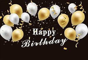 Fondo de Feliz cumpleaños Fondo Negro Globos de Oro Blanco Cinta Dorada