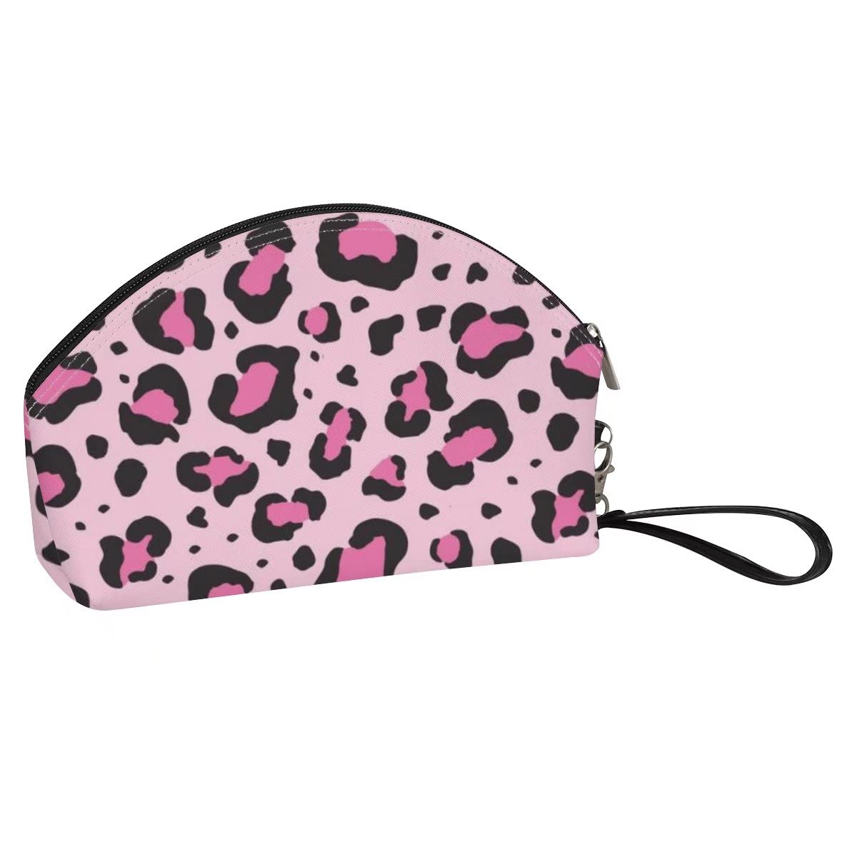 chaqlin Pink Leopard Printed Mini Make up Bags PU Leather Travel Handy Purse Organizer Bag Toiletry Bag Pouch for Women Girls Cute Half Moon Cosmetic Bags