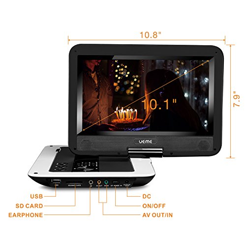 UEME 10.1" Portable DVD Player CD Player with Car Headrest Holder, Swivel Screen Remote Control Rechargeable Battery Car Charger, Personal DVD Player PD-1010 (White)