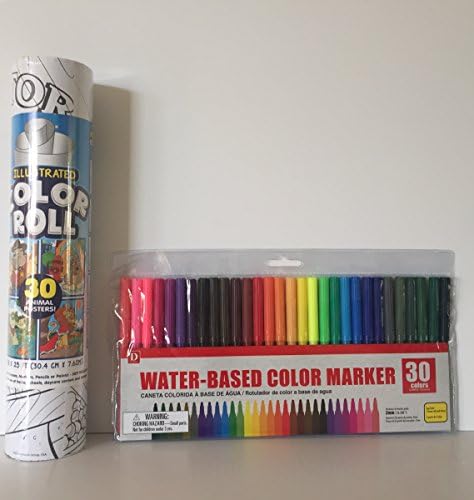 Animal Coloring Bundle: Roll of Fun – 30 Posters - 10 Different Animal Designs – 12in Wide x 25 ft long And Colorful Bright Daiso 30 Coloring Pens (2 Items)