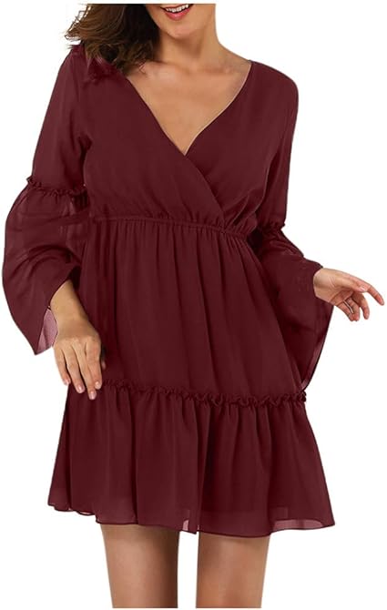 ZODOF vestidos mujer mini Casual Vestidos de Fiesta Elegante Gasa Manga acampanada Cuello en V Cintura alta Color sólido Sexy floryday vestidos de coctel Dress: Amazon.es: Instrumentos musicales