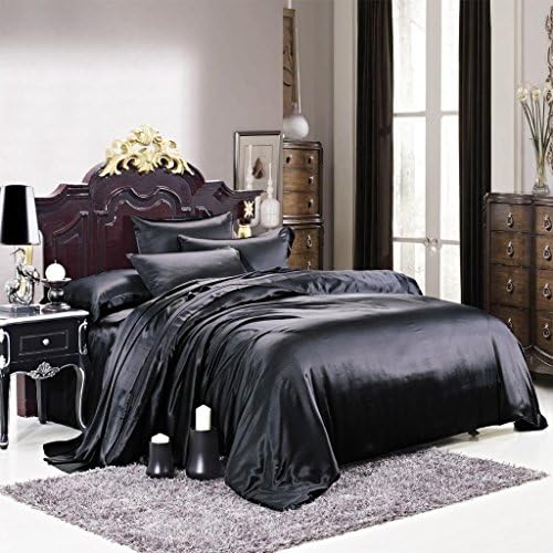 Luxuer Silk 7-Pieces Solid Silk Bedding Collection Duvet Cover &amp; Sheets Set Machine Washable Handmade Pure Mulberry Silk for All Seasons Extra Durable King Size, Black