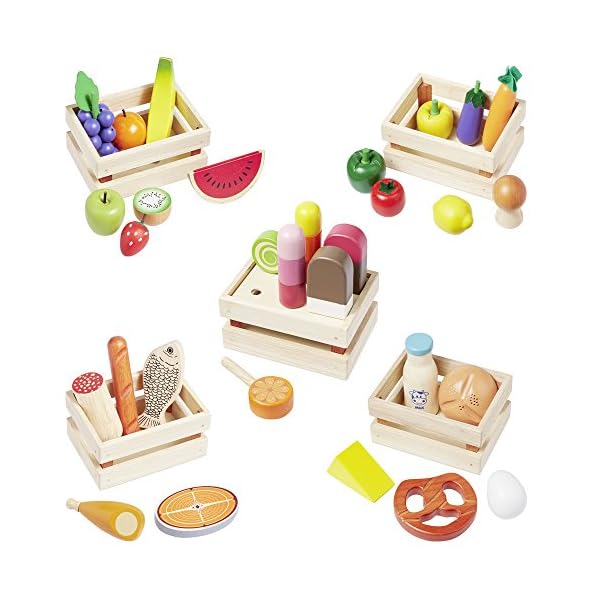 howa Kaufladen Zubehör aus Holz - 35-teiliges Kaufmannsladen Zubehör Set mit Obst, Gemüse, Backwaren, Milchprodukten, Fisch, Fleisch und EIS - in 5 Holzkistchen 14876