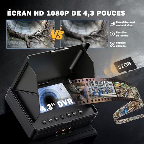 ZELCAN Endoscopic Camera with 4.3" LCD Screen 12 LED Lights Cable 20m 32GB Card, IP68 Waterproof Pipeline Inspection Camera, Sewer Camera Endoscope