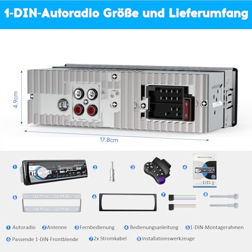RDS Car Radio Bluetooth 5.0, CENXINY Car Radio Bluetooth Hands-Free Kit, 4 x 65 W 1 DIN Car Radio with Clock/Remote Control, MP3 Player Supports 2 USB/AUX Inputs/TF/SD/FM/iOS Android (No CD)
