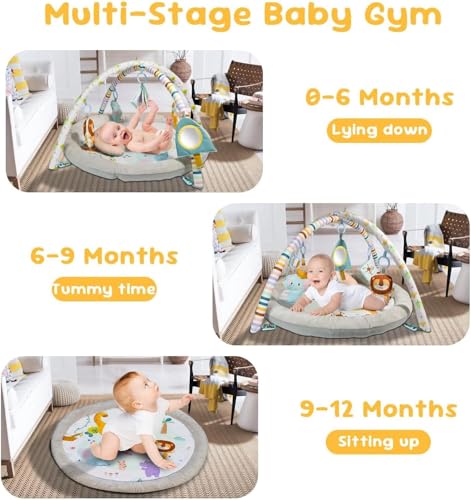 DMG Baby Gym Play Mat with 6 Toys - Multi-Stage Activity Mat for Tummy Time, Lie & Sit Play, Machine Washable Cover with Non-Slip Bottom, Newborn Infant Developmental Toy for Sensory Motor Skills