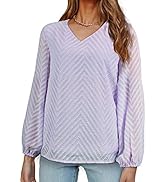 Women's Casual Loose V Neck Striped Long Sleeve Chiffon Blouses Pom Pom Tops
