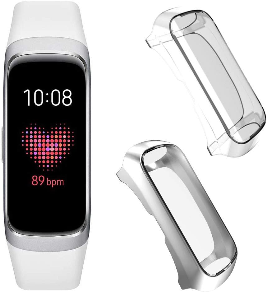 Leotop Compatible with Samsung Galaxy Fit E Case Screen Protector, Soft TPU Plated Protective Full Cover Rugged Bumper Frame Compatible Samsung Galaxy Fit E SM-R370 Fitness Tracker (Silver+Clear)