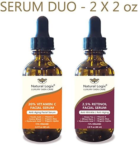2 Bottle Serum Set – Natural Logix Anti-Aging Serum Duo - 20% VITAMIN C (2oz) | 2.5% RETINOL (2oz), Penetrates to Reduce Wrinkles, Fade Dark Spots, Evens Skin Tone, 2 X 2 oz