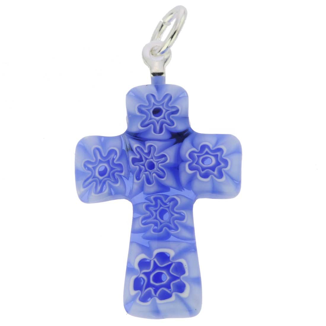 Glass Of Venice Murano Glass Blue Millefiori Small Cross Pendant