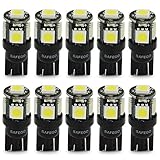 Safego T10 LED White W5W 5-SMD 5050 Super Bright 194 168 2825 Wedge LED Car Lights Source Replacement Bulbs Interior Lamps Pack of 10