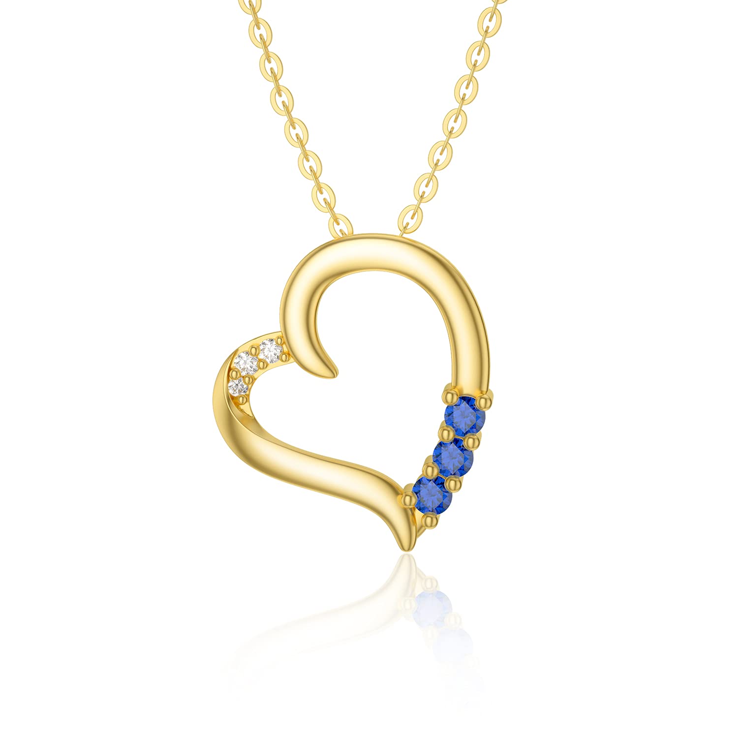 SISGEM 9 ct Gold Heart Necklace, Solid Yellow Gold Floationg Heart Pendant Necklace with Sapphire, for Women Girls Ladies Mum Sisters, 16"+1"+1"