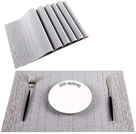 Placemats set of 6 Washable, Woven Vinyl Placemats for Dining Table Easy Clean, Kitchen Place Mats Sets Wipeable 12" x 18"( Grey）