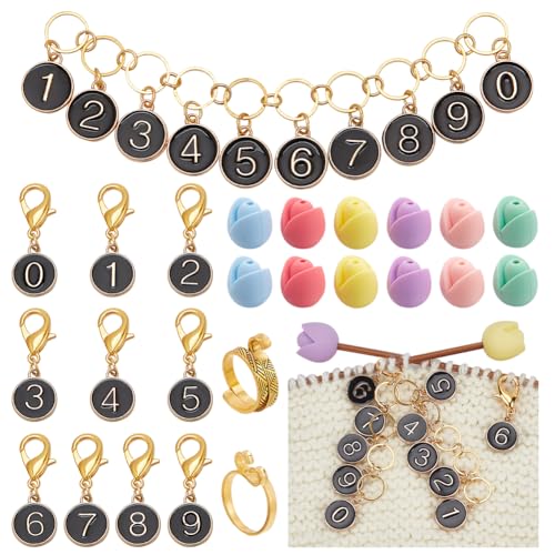 NBEADS 33 Pcs Knitting Accessories Kit, Including Black Knitting Row Counter Chains 0-9 Number Stitch Markers 6 Colors Silicone Knitting Needle Stoppers Yarn Guide Finger Ring for Knitting Project