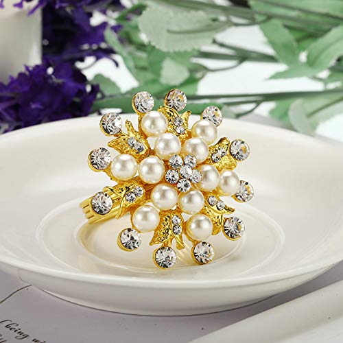 Joyindecor Napkin Rings Set of 6-Flower Pearl Rhinestone Napkin Ring Holder for Wedding Party Home Kitchen Dining Table Linen Accessories (Golden)