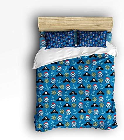 YEHO Art Gallery Full 4 Piece Comforter Bedding Set Duvet Cover Sets,Cartoon The Pirate Head Skull Pattern Blue Bed Sheet Set,Duvet Cover Flat Sheet Pillow Cases
